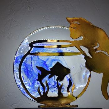 Sculpture intitulée "Chat et son poisson" par Alexis Mathelin, Œuvre d'art originale, Verre