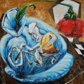 Schilderij getiteld "Hey boy with a bike…" door Filip Callewaert, Origineel Kunstwerk, Acryl