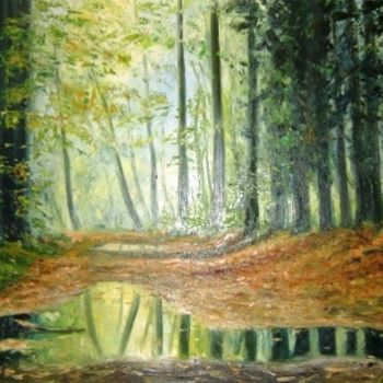 Pintura intitulada "pond in the woods" por Bubi, Obras de arte originais, Óleo
