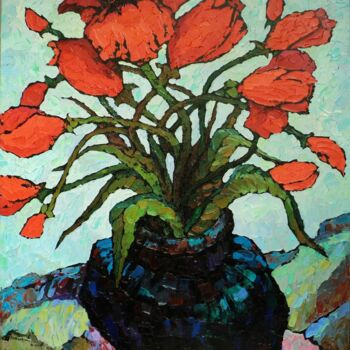 Painting titled "Red flowers." by Valery Veselovsky, Original Artwork, Oil