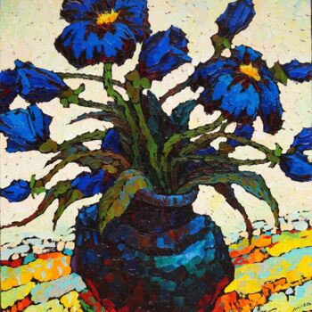 Pittura intitolato "Dark blue flowers." da Valery Veselovsky, Opera d'arte originale, Olio