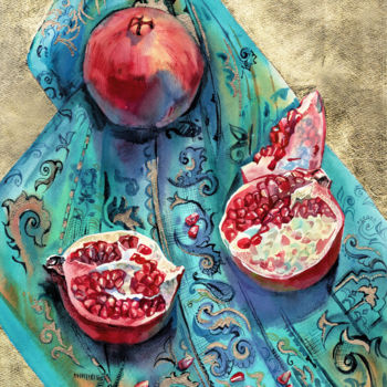 Schilderij getiteld "Pomegranates. Still…" door Natalia Veyner, Origineel Kunstwerk, Aquarel
