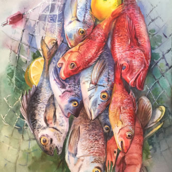 Painting titled "Dorado and perches.…" by Natalia Veyner, Original Artwork, Watercolor