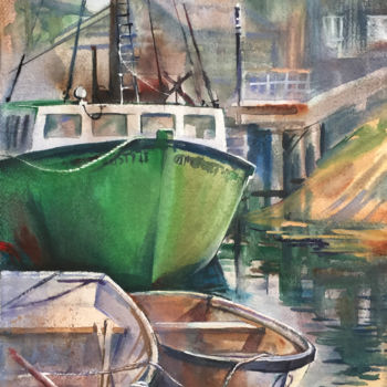 Painting titled "Fishing boats" by Natalia Veyner, Original Artwork, Watercolor