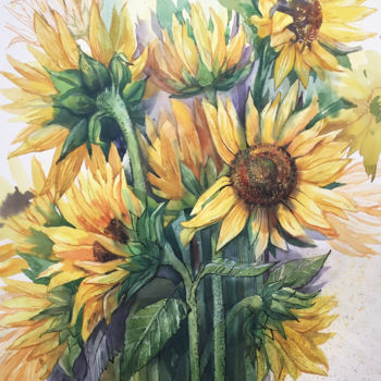 Schilderij getiteld "Sunflowers painting…" door Natalia Veyner, Origineel Kunstwerk, Aquarel