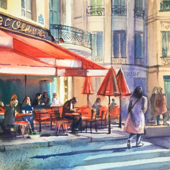 Pittura intitolato "Parisian cafe. City…" da Natalia Veyner, Opera d'arte originale, Acquarello