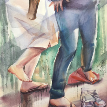 Malerei mit dem Titel "Barefoot in the rain" von Natalia Veyner, Original-Kunstwerk, Aquarell