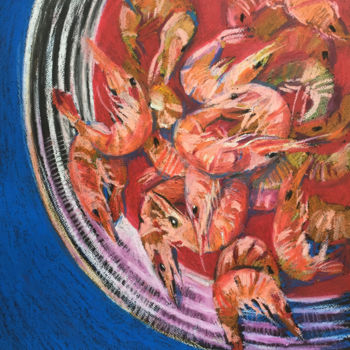 Drawing titled "Shrimp on a red pla…" by Natalia Veyner, Original Artwork, Pastel