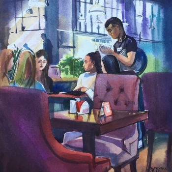 Painting titled "In the cafe" by Natalia Veyner, Original Artwork, Watercolor