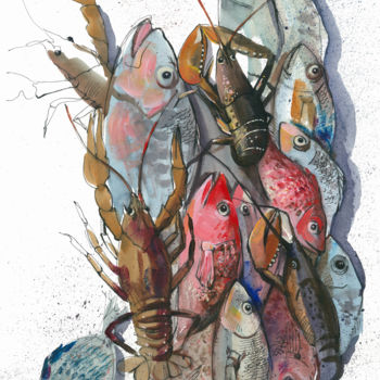 Painting titled "Fish and crayfish" by Natalia Veyner, Original Artwork, Watercolor