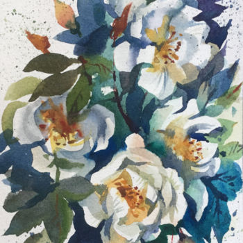 Картина под названием "White rosehip" - Natalia Veyner, Подлинное произведение искусства, Акварель