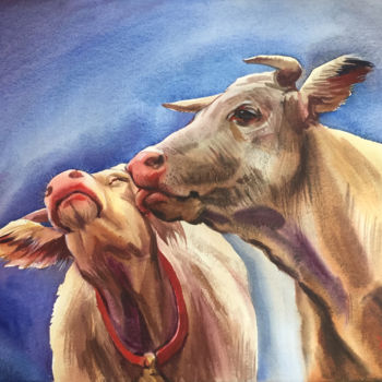 Painting titled "Cow kiss" by Natalia Veyner, Original Artwork, Watercolor