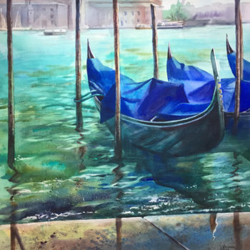 Painting titled "Venetian gondolas.…" by Natalia Veyner, Original Artwork, Watercolor