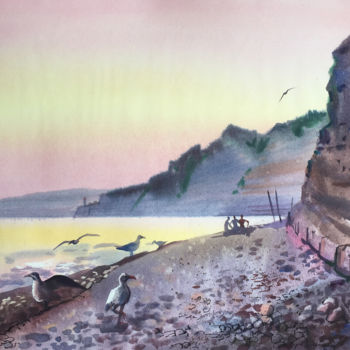 Peinture intitulée "Summer evening by t…" par Natalia Veyner, Œuvre d'art originale, Aquarelle