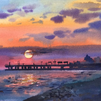 Pittura intitolato "Sunset at the sea.…" da Natalia Veyner, Opera d'arte originale, Acquarello