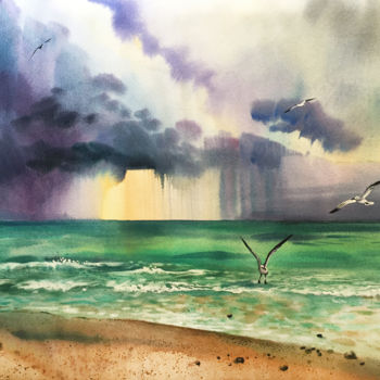 Malarstwo zatytułowany „Miami beach. The oc…” autorstwa Natalia Veyner, Oryginalna praca, Akwarela