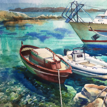 Malerei mit dem Titel "Boats on the island…" von Natalia Veyner, Original-Kunstwerk, Aquarell