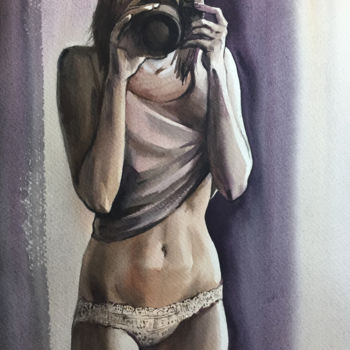 Painting titled "Girl with a camera.…" by Natalia Veyner, Original Artwork, Watercolor