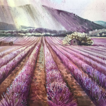 Painting titled "Lavender field. Lan…" by Natalia Veyner, Original Artwork, Watercolor