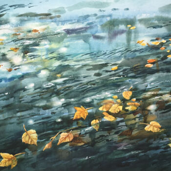 Painting titled "Autumn river. City…" by Natalia Veyner, Original Artwork, Watercolor