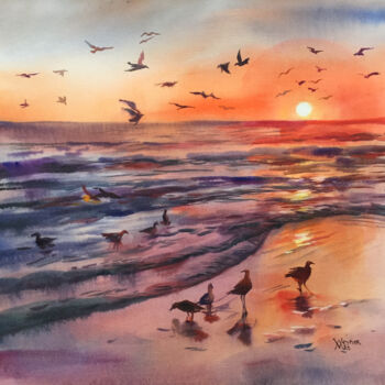 Painting titled "Sunset over the sea…" by Natalia Veyner, Original Artwork, Watercolor