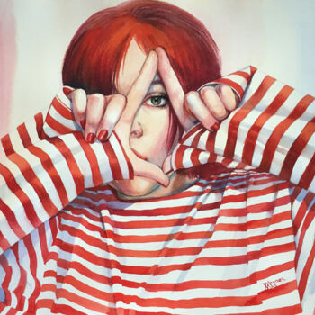 Pintura intitulada "Girl in a striped s…" por Natalia Veyner, Obras de arte originais, Aquarela