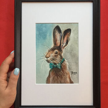 Painting titled "Hare in a bow tie.…" by Natalia Veyner, Original Artwork, Watercolor