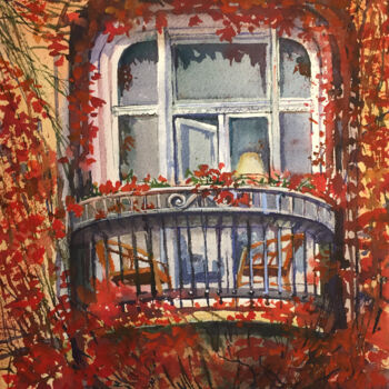 Painting titled "Autumn balcony. Hou…" by Natalia Veyner, Original Artwork, Watercolor