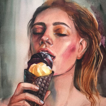 Painting titled "Girl with ice cream…" by Natalia Veyner, Original Artwork, Watercolor