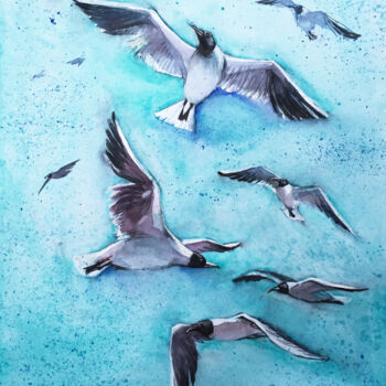 Painting titled "Seagulls. Seascape…" by Natalia Veyner, Original Artwork, Watercolor