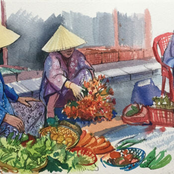 Painting titled "Vietnam market. Peo…" by Natalia Veyner, Original Artwork, Watercolor