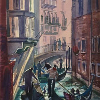 Painting titled "Gondoliers on the V…" by Natalia Veyner, Original Artwork, Watercolor