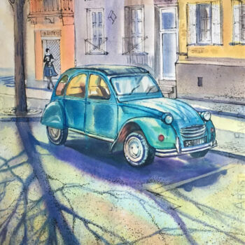 Pintura intitulada "Retro car. Landscap…" por Natalia Veyner, Obras de arte originais, Aquarela