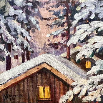 Painting titled "Evening winter land…" by Natalia Veyner, Original Artwork, Oil