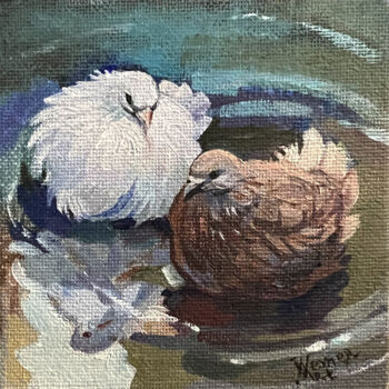 Картина под названием "Two pigeons in a pu…" - Natalia Veyner, Подлинное произведение искусства, Масло