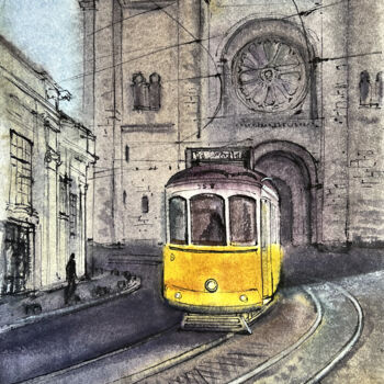 Schilderij getiteld "Lisbon. Tram number…" door Natalia Veyner, Origineel Kunstwerk, Aquarel