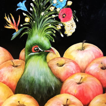 Schilderij getiteld "Птичка в яблоках" door Viacheslav Bitkin, Origineel Kunstwerk, Olie
