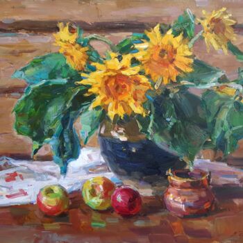 Painting titled "tournesols" by Viacheslaw Pereta, Original Artwork, Oil Mounted on Wood Stretcher frame