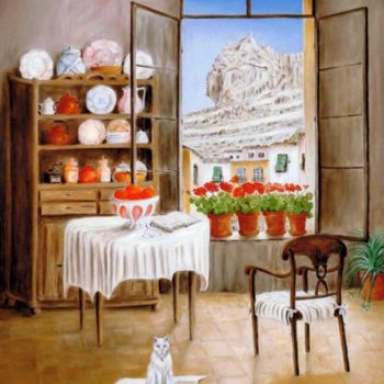 Pintura titulada "Interior con gato" por Vicente Pastor Navarrete, Obra de arte original, Oleo