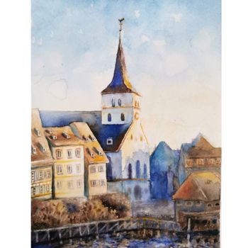 Painting titled "Evening Strasbourg" by Victoria Z, Original Artwork, Watercolor