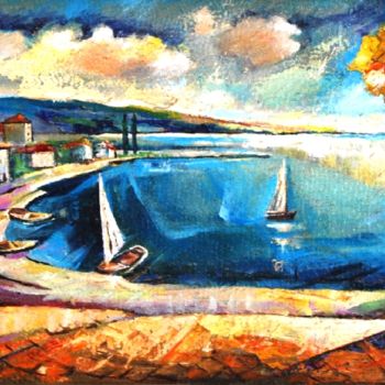 Painting titled "The seaside town" by Painter Victor Peled, Original Artwork, Oil