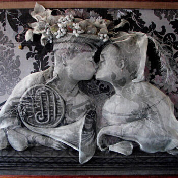 Peinture intitulée "Kiss 3" par Victor Grigoryan, Œuvre d'art originale, Fil de fer Monté sur Panneau de bois