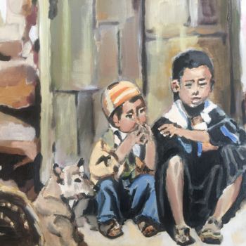 Pintura titulada "Enfants du Tibet" por Victor Lumbroso, Obra de arte original, Oleo