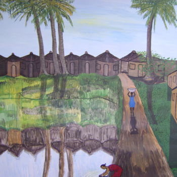Painting titled "Village Reflection" by Victor Matthew Ablorh, Original Artwork