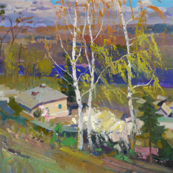 Painting titled "Birch trees in April" by Victor Onyshchenko, Original Artwork, Oil Mounted on Wood Stretcher frame