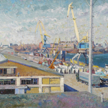 Painting titled "Port in Kyiv" by Victor Onyshchenko, Original Artwork, Oil