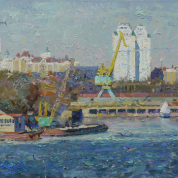 Картина под названием "Harbor on the Dniep…" - Victor Onyshchenko, Подлинное произведение искусства, Масло