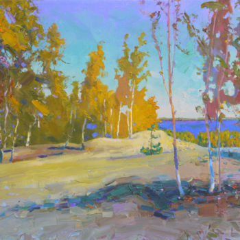 Painting titled "Autumn near the Dni…" by Victor Onyshchenko, Original Artwork, Oil