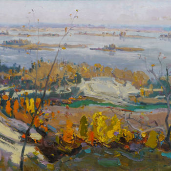 Painting titled "Autumn over the Dni…" by Victor Onyshchenko, Original Artwork, Oil