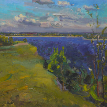 Painting titled "Dnieper river in sp…" by Victor Onyshchenko, Original Artwork, Oil